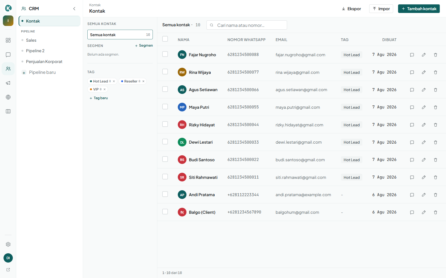Halaman Kontak: tabel kontak dengan nama, nomor WhatsApp, email, tag, dan panel segmen/tag di kiri